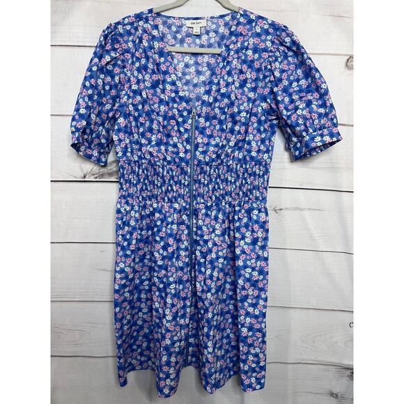 On 34th Dress Size Large Blue with White Pink Flowers Zip Up Front Classy - Picture 1 of 6